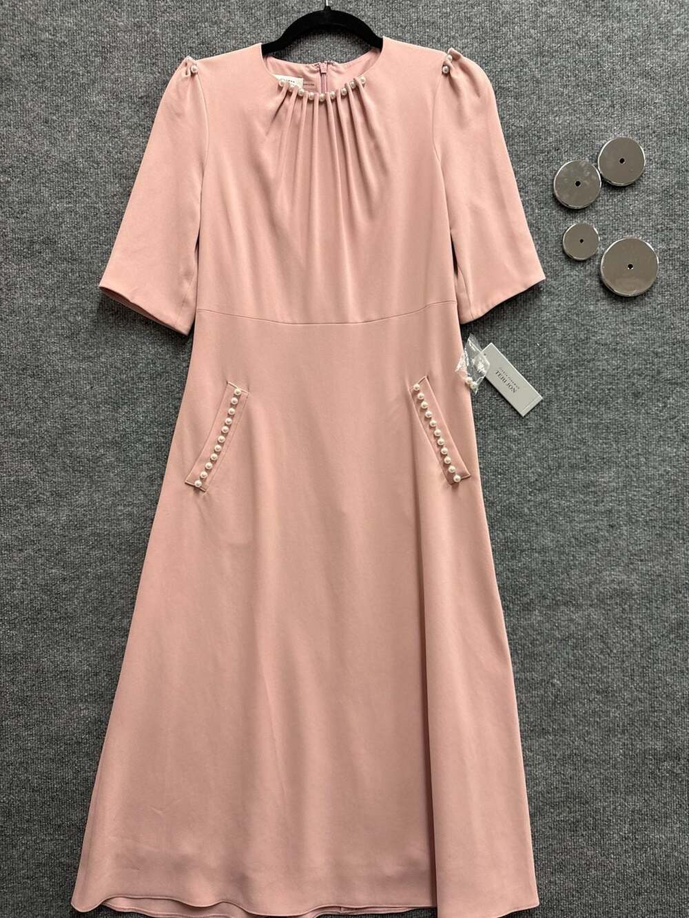 Rickie Freeman for Teri Jon Pearl-Embellished Round Neck Crepe Midi Dress in Dus